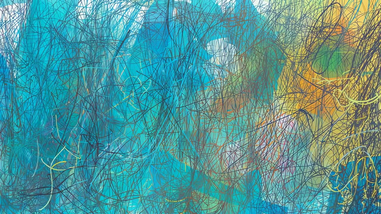 Starting digital strokes expanding on white canvas, yellow green loops weaving through blue mass