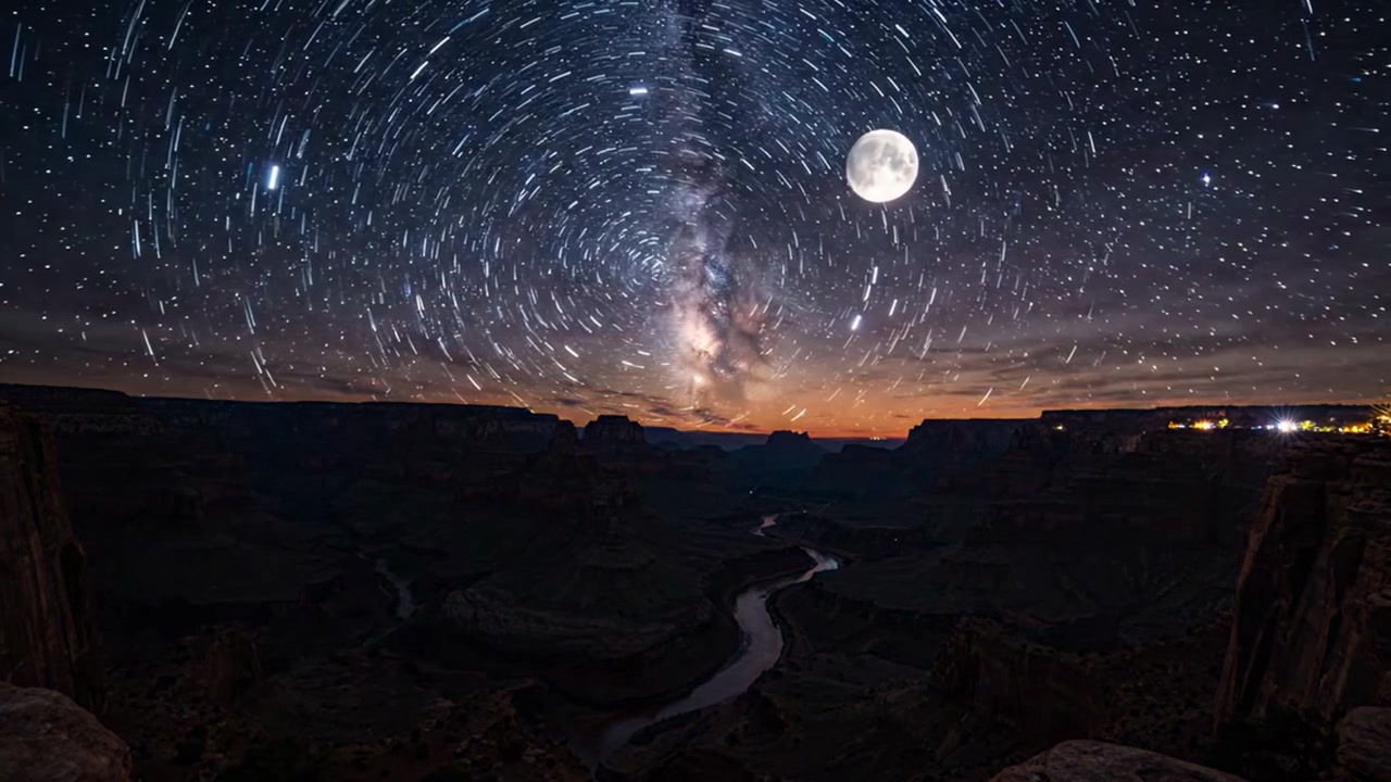 Episk övergång från dag till natt med solnedgång och stjärnspår över Grand Canyon