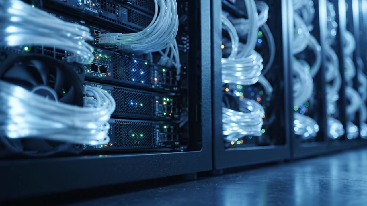 An In-Depth Look at High-Performance Server Racks: A Close-Up of Advanced Networking Equipment with Illuminated Components and Cables