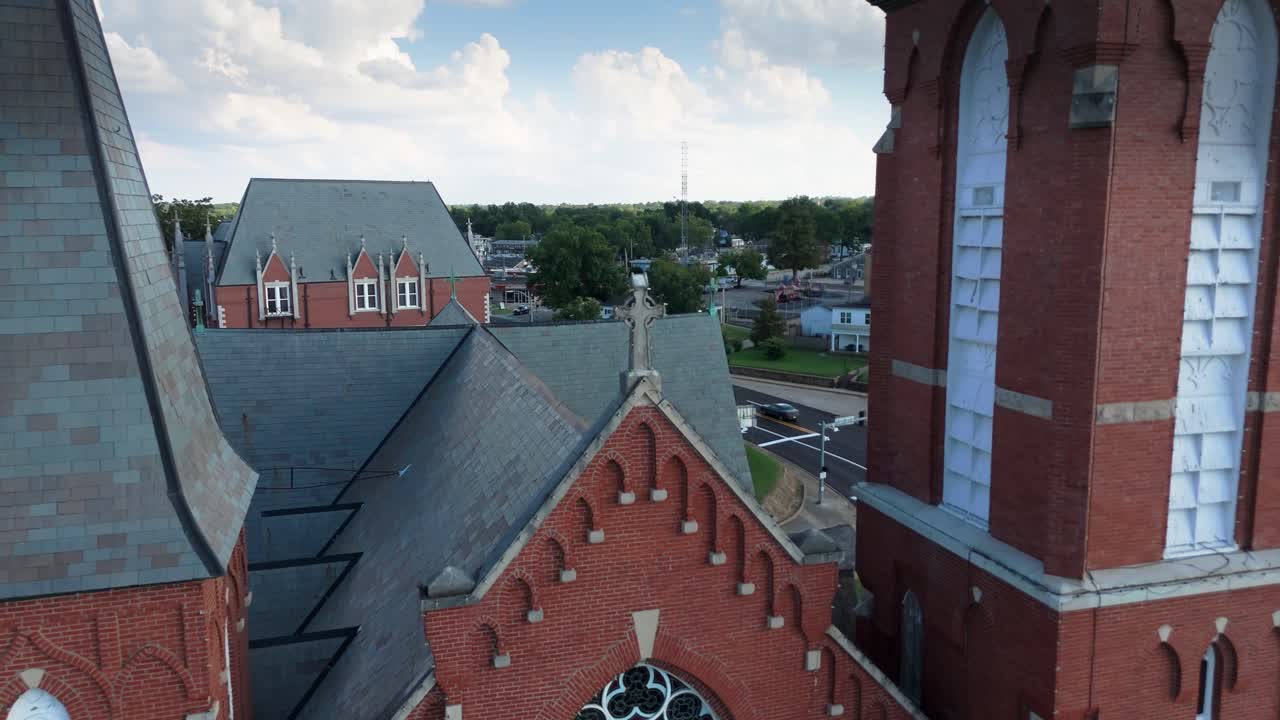 Aerial Drone Flying Over Large Historic Church in Arkansas city, USA