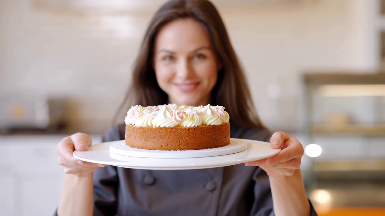 Cream-topped cake with pink piped decorations moves forward into sharp foreground focus as woman holds serving plate with both hands, smiling in warm, softly lit pastry shop interior.