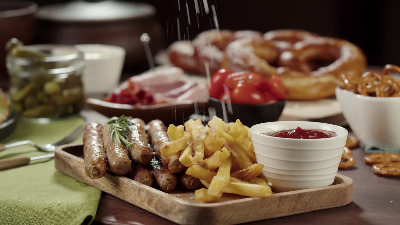 Salare patatine fritte e salsicce su un vassoio di legno con ketchup