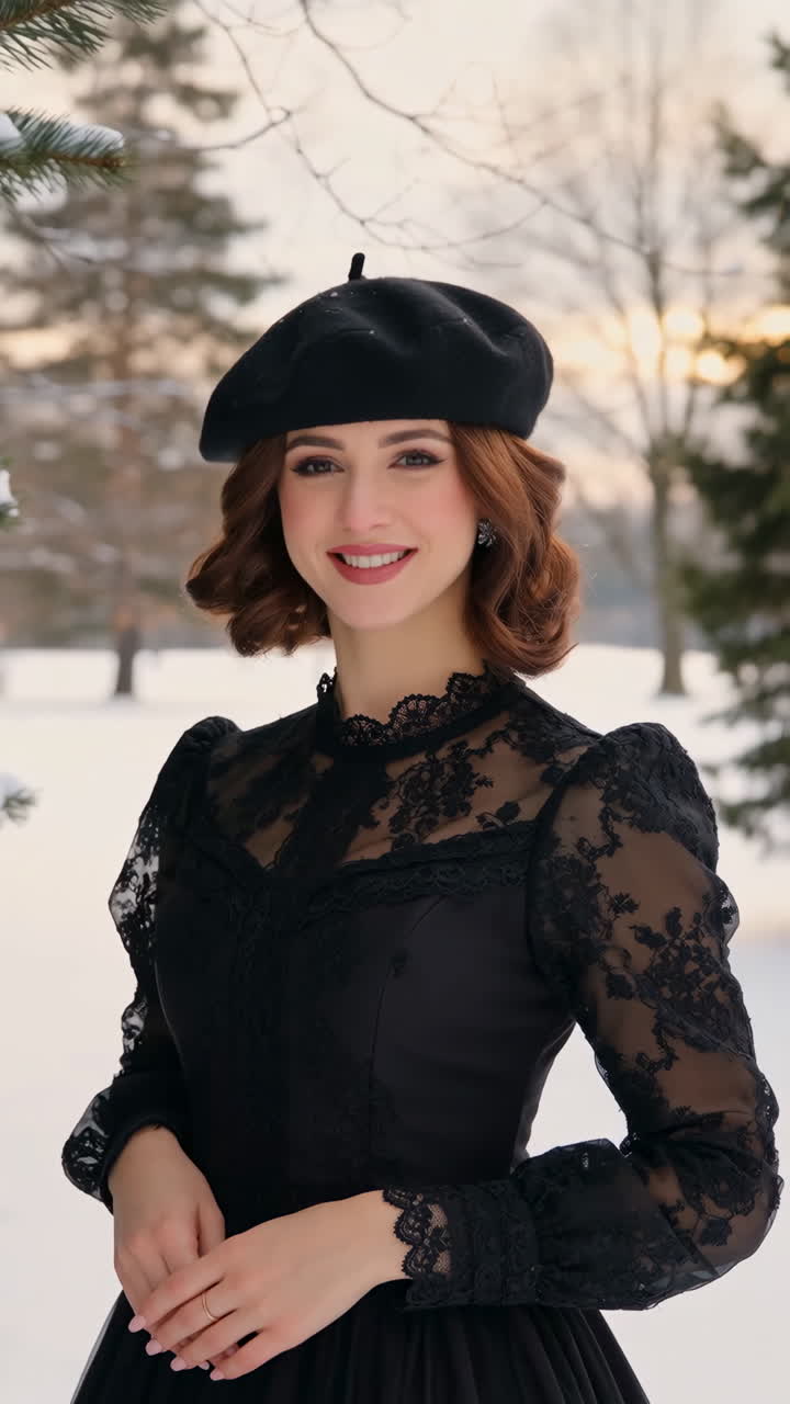 Woman in Black Beret and Lace Dress in Snowy Winter Landscape