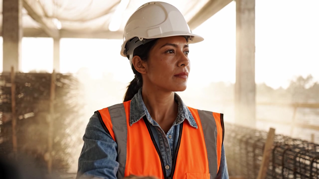 Operaia edile determinata con equipaggiamento di sicurezza in cantiere, che supervisiona l'avanzamento del progetto tra polvere e luce del mattino.