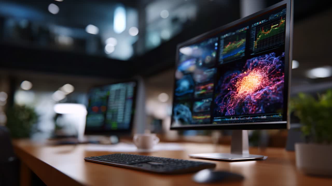 Modern Data Visualization on Dual Monitors: An Engaging Workspace Showcasing Analytics and Insights in a Well-Lit Office Environment with Plant Decor