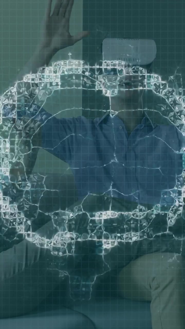 Animation of brain scan and medical data processing on interface, over man and woman in vr headsets