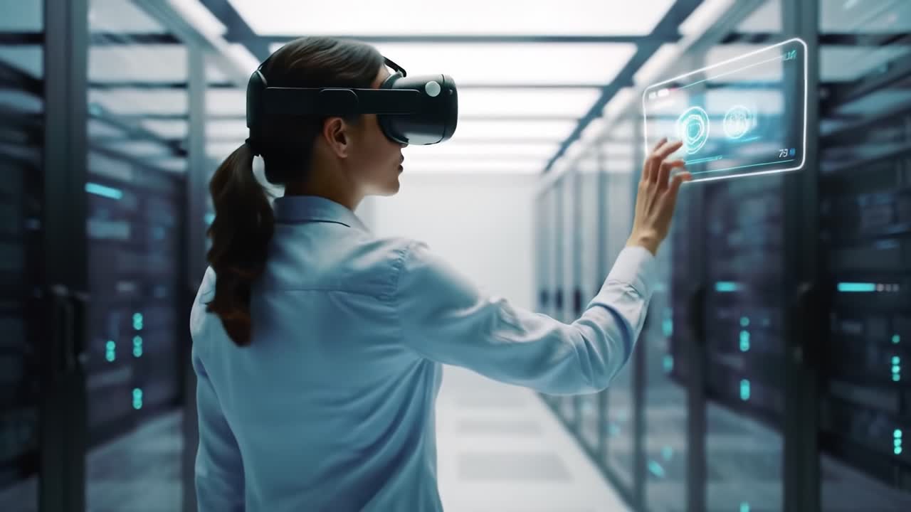 A woman wearing a virtual reality headset interacts with holographic displays in a modern data center filled with servers. The environment showcases advanced technology and innovation.