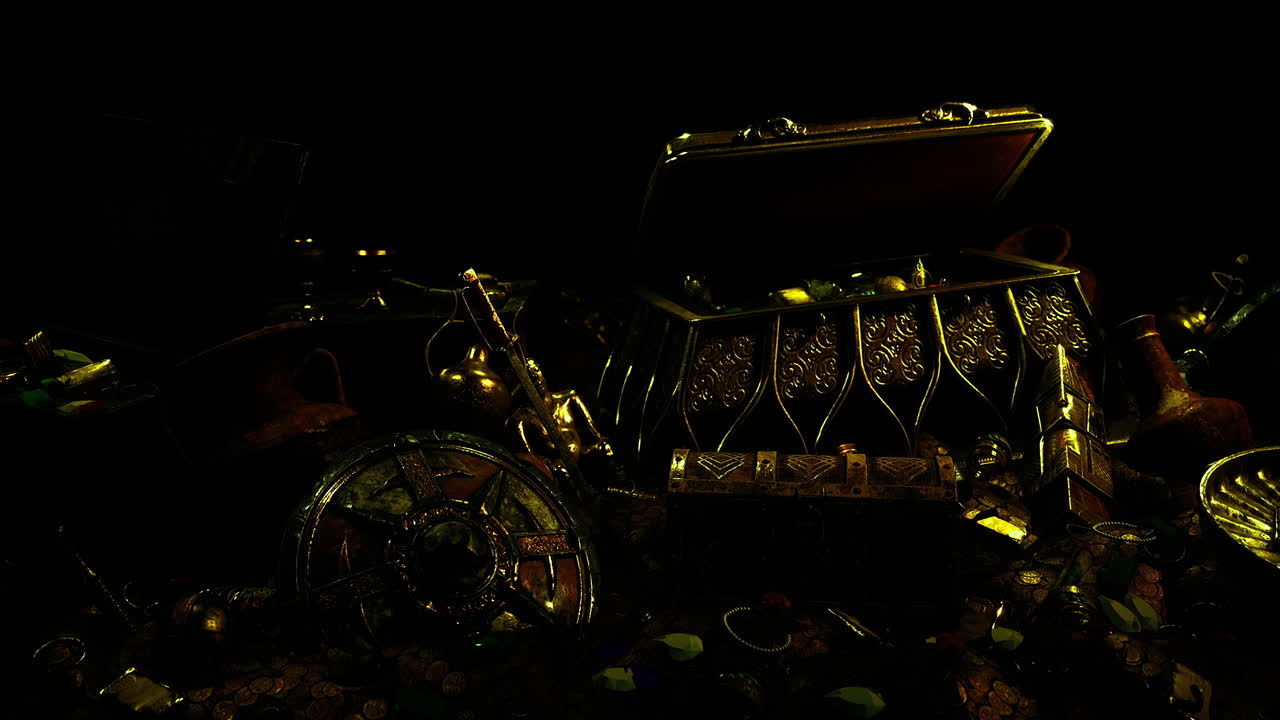 Treasure chest among ancient artifacts in a mysterious dimly lit setting