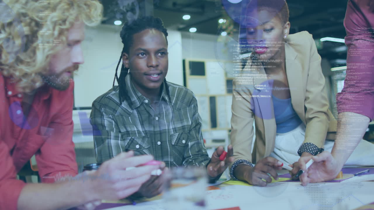 Animation of statistical data processing over diverse colleagues discussing over documents at office