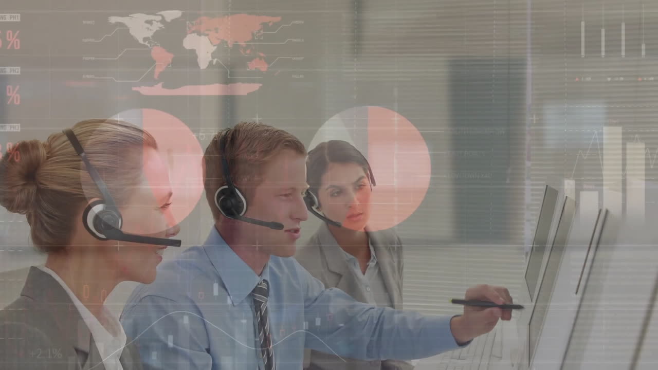 전화 헤드 ⁇ 을 가진 다양한 사업가들에 대한 금융 데이터 처리 애니메이션