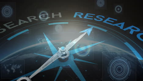 animation of compass needle pointing to research with digital globe in background