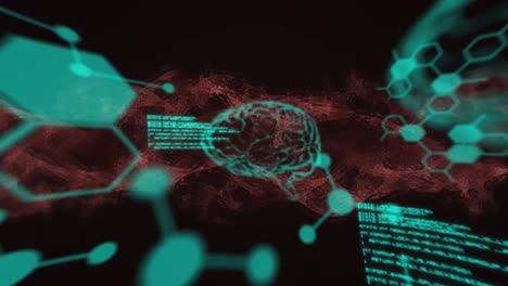 animación del procesamiento de datos diversos sobre ondas y cerebro en fondo digital negro