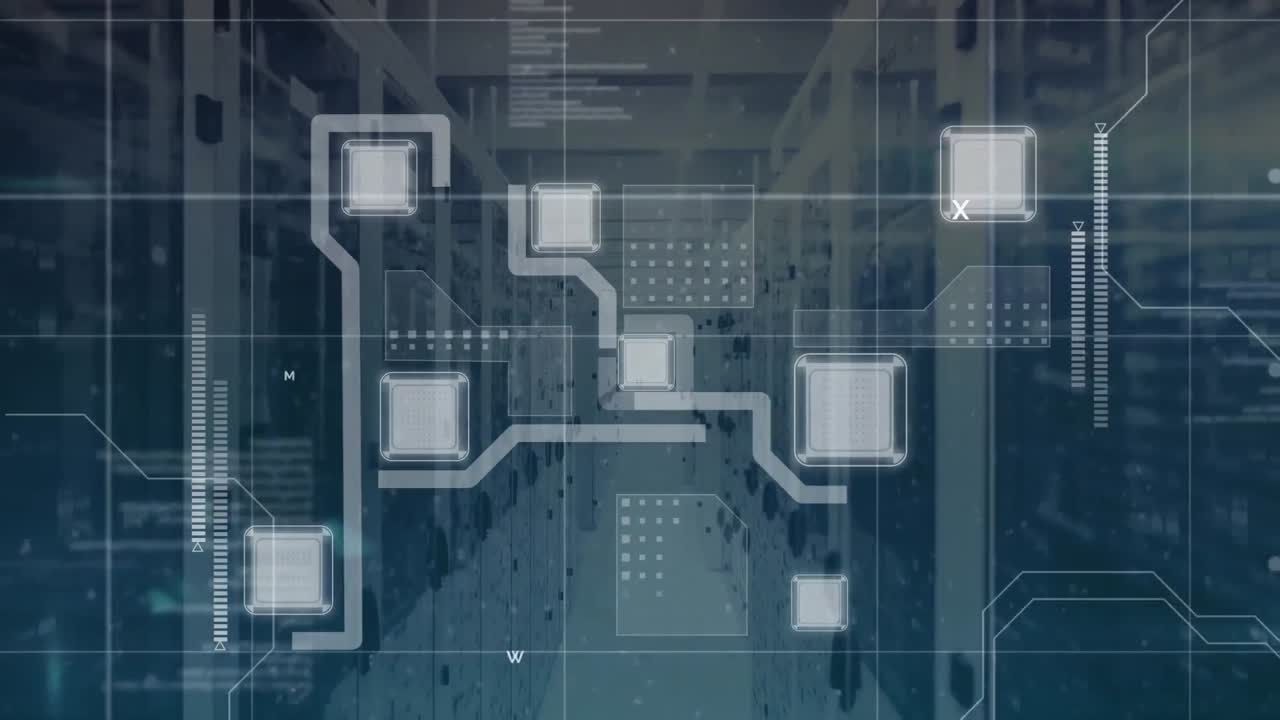 animación de las conexiones y el procesamiento de datos a través de la sala técnica con servidores informáticos