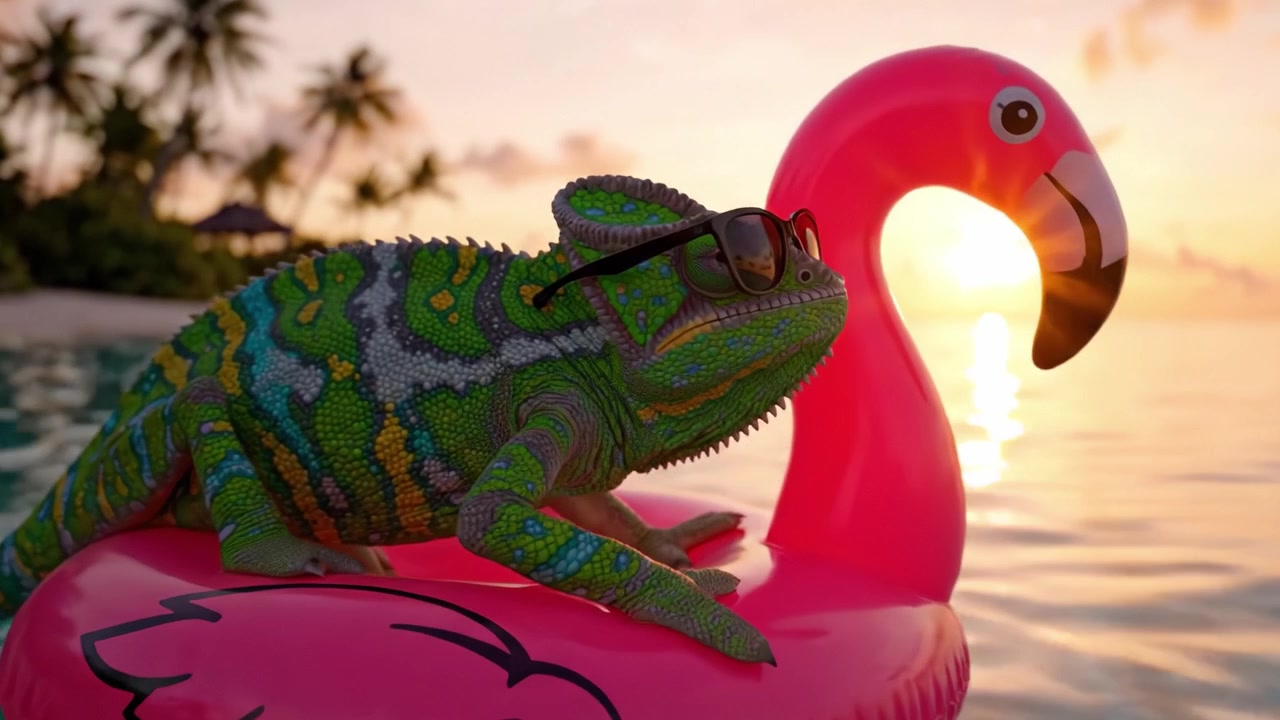 Um Camaleão Colorido Desfrutando de um Pôr do Sol Tropical em uma Boia de Flamingo Rosa, Capturando o Espírito Vibrante de Relaxamento de Verão e Diversão na Praia