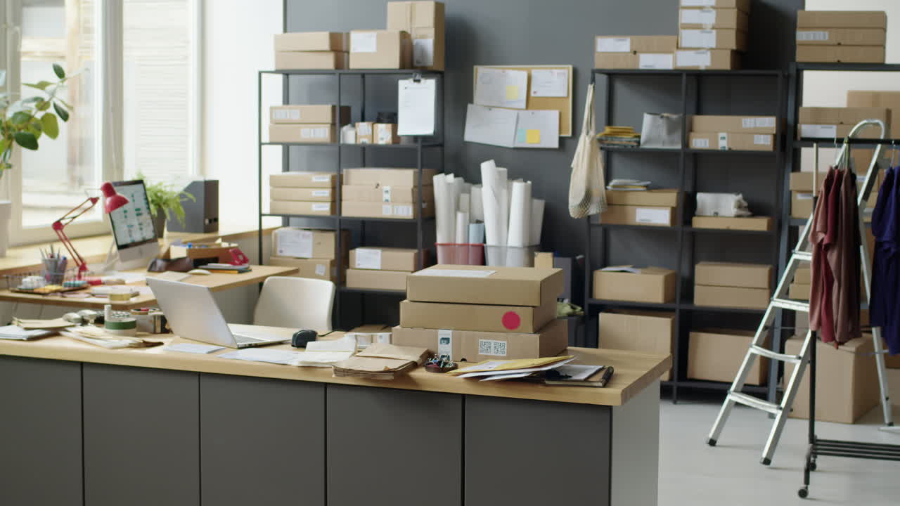 Office with boxes and shipping supplies