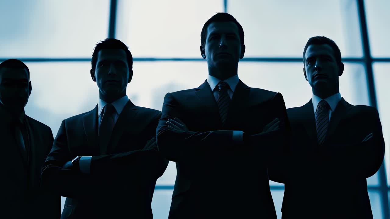 Multiple images depict silhouetted businessmen standing with arms crossed, conveying themes of teamwork, leadership, and corporate strength within a modern office environment