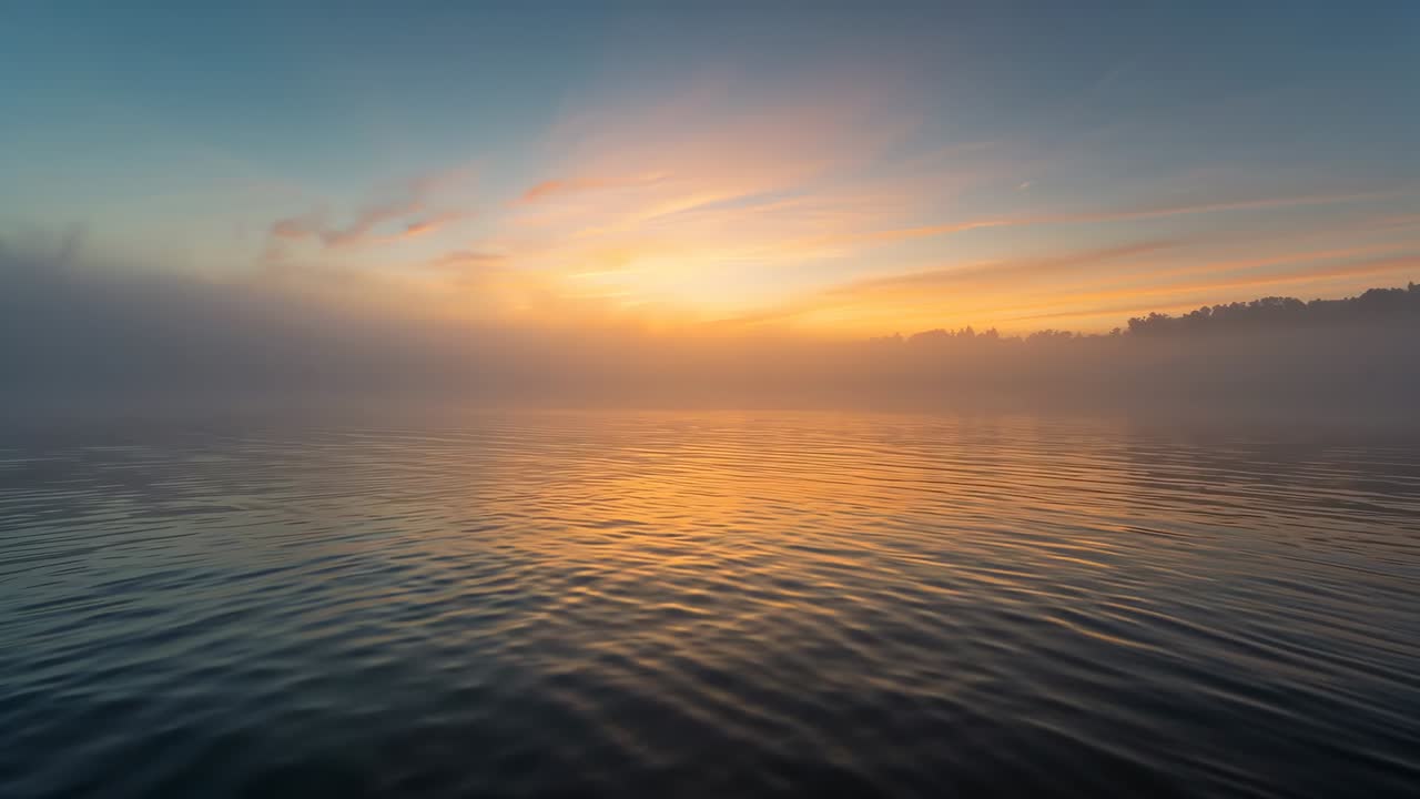 Rippling water and low horizon glow slowly brightening at bay, sun rising causing fog thinning