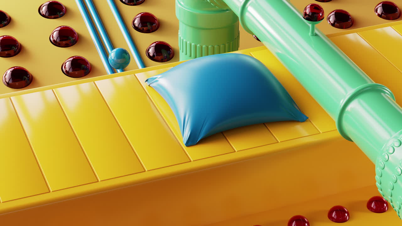 Colorful futuristic abstract toys factory with yellow machinery working