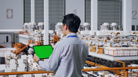 warehouse worker inspecting inventory with tablet