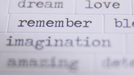 Close up image of multiple words on paper tiles