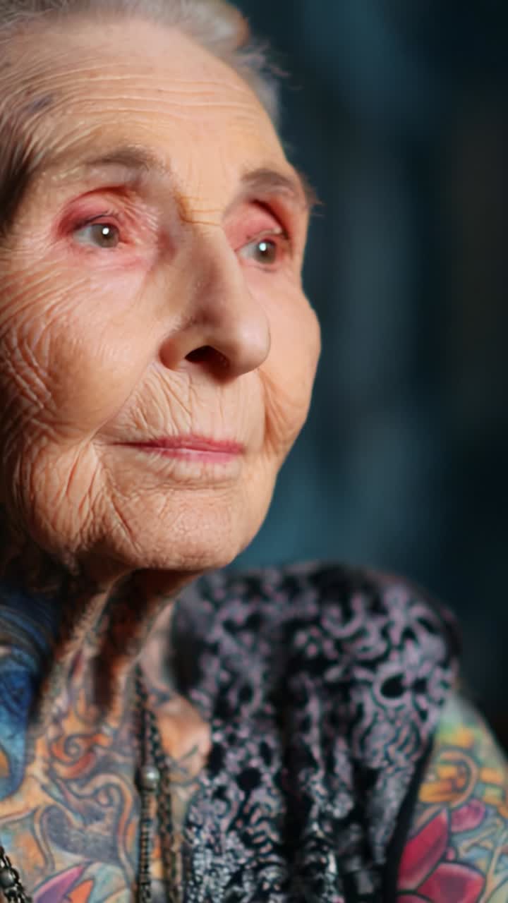 A Portrait Journey: An Elderly Woman Reflects with Grace, Showcasing Intricate Tattoos and Wisdom Through the Passage of Time and Vibrant Expressions