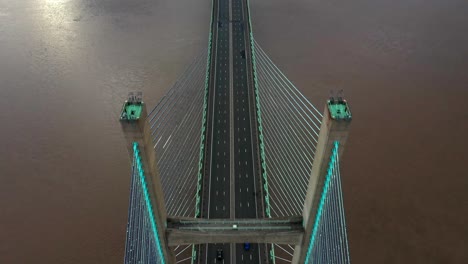 birds eye view looking down on the second severn crossing bridge over the river severn