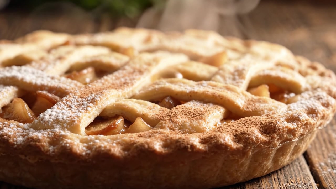 Squisita torta di mele al forno con crosta a griglia croccante e una generosa spolverata di zucchero a velo, che mostra un ripieno di mele caldo e succoso, perfetta per ogni occasione