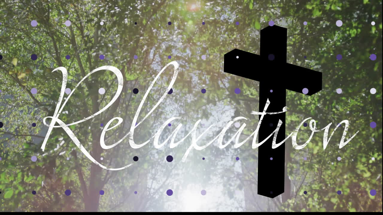 Cross silhouette against sunlit forest background with relaxation text animation