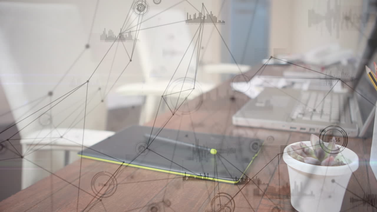 анимация обработки данных над офисом