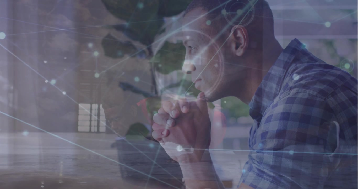 Animation of connected dots over multiracial man doing pushup and thoughtful man at home