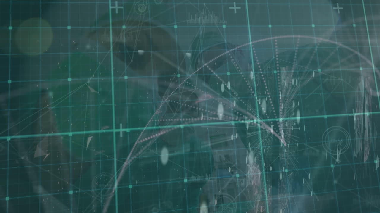 얼굴 마스크를 착용한 다양한 의사들에 대한 데이터 처리 애니메이션