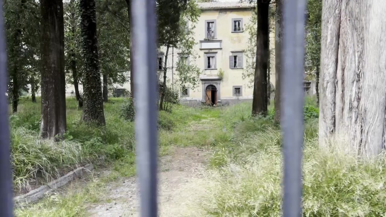 Blick auf ein verlassenes Haus durch ein Metalltor in ländlicher Umgebung.