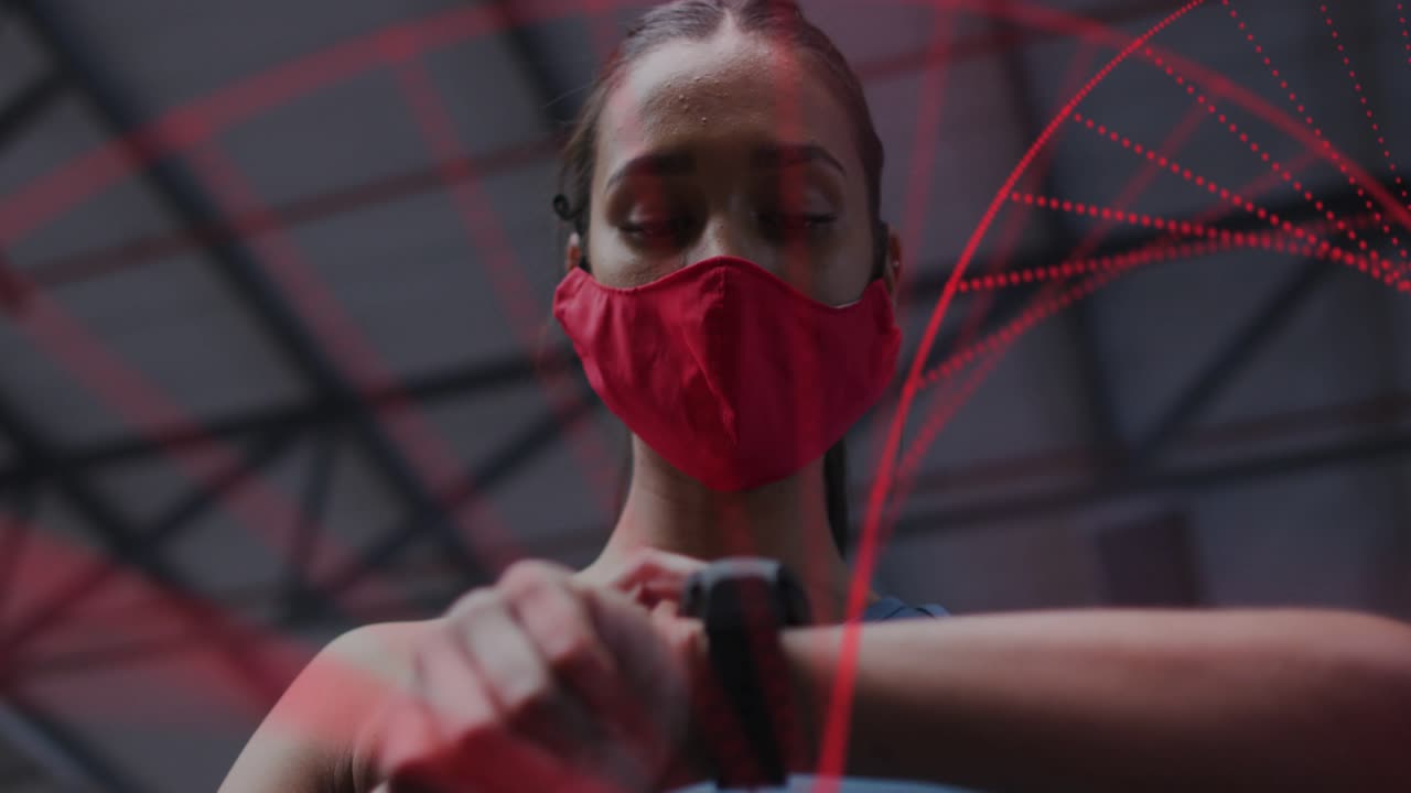 Fitness athlete tapping smartwatch, steadying wrist, activating red data arcs tracking performance