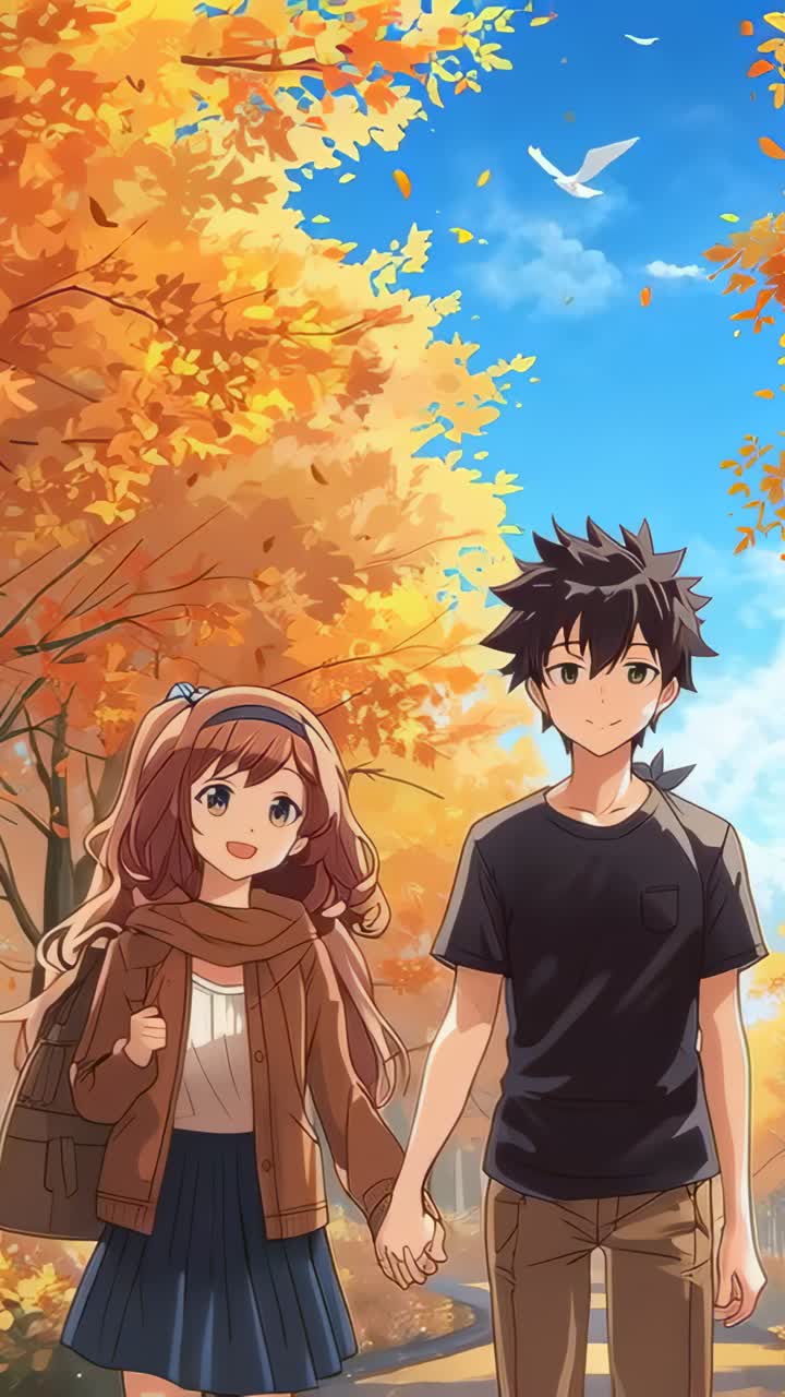 Video verticale: coppia di adolescenti anime che camminano tenendosi per mano durante una passeggiata autunnale, una brezza solleva una sciarpa color carne