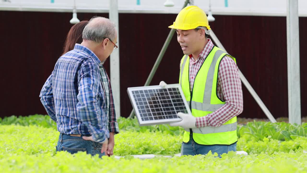 propietario de una pequeña empresa y concepto de puesta en marcha. los expertos en energía solar recomiendan ventas a los propietarios de granjas. granja de verduras hidropónicas.