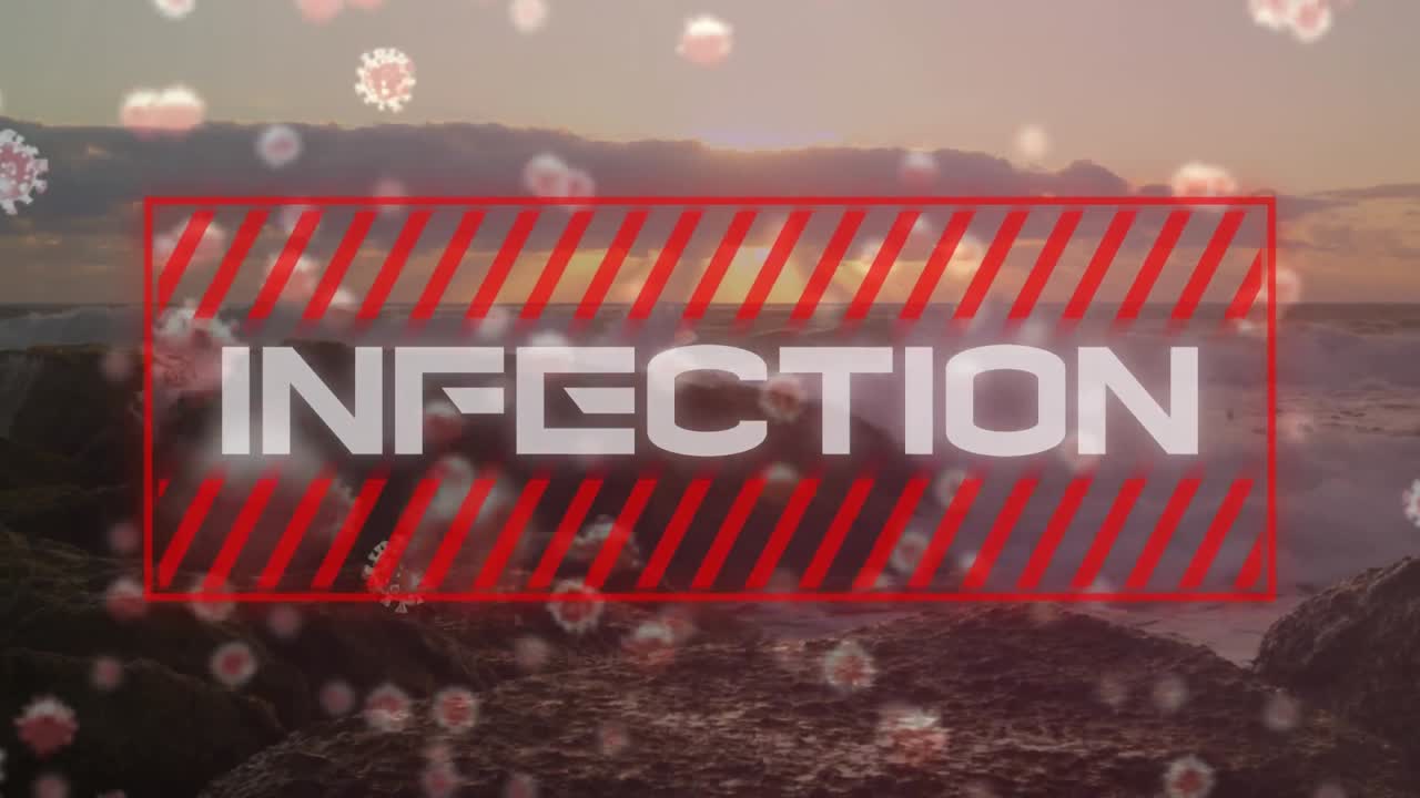 video compuesto digital de células de covid-19 que se mueven y texto de infección contra la playa en el fondo