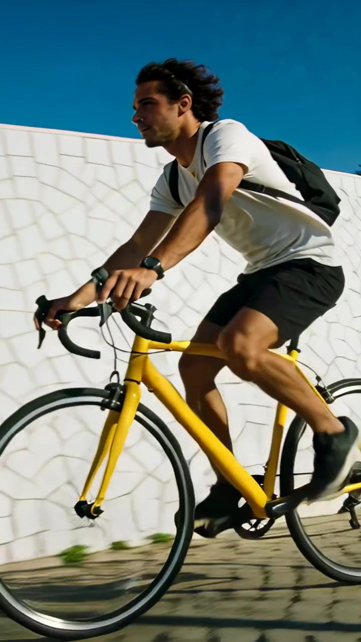 Video verticale: Entrando da sinistra, uomo con maglietta bianca che pedala una bici gialla vicino a un muro bianco, mentre va al lavoro.