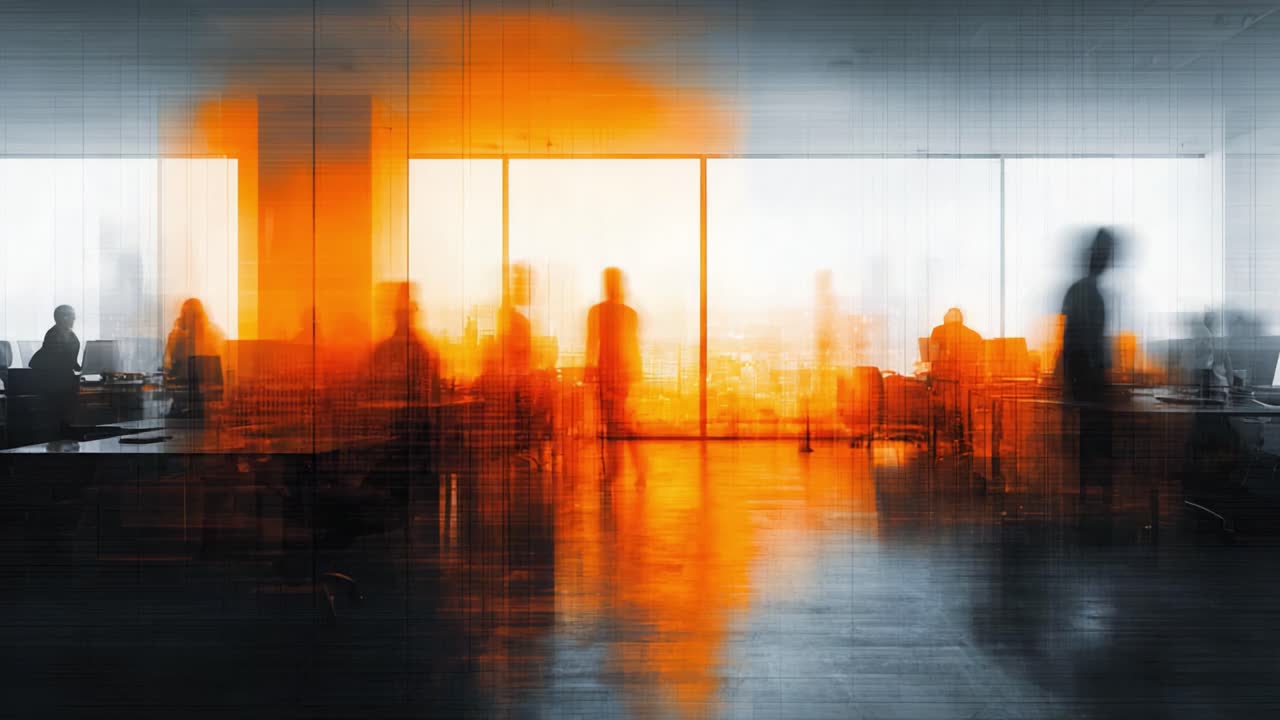 Dynamic Office Environment: A Study in Silhouettes and Light Transformation within a Modern Workspace, Showcasing the Energy of a Productive Day