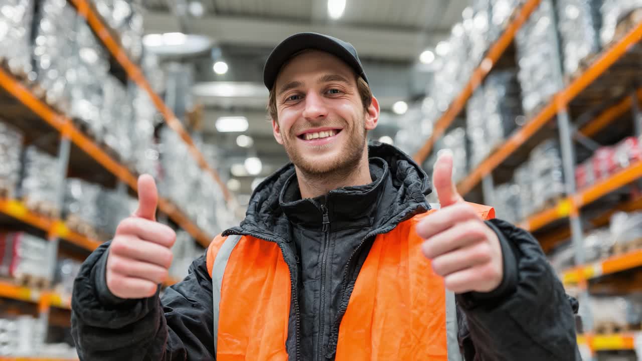 Un alegre empleado de almacén celebra el éxito levantando el pulgar, mostrando una actitud positiva y espíritu de equipo en un ajetreado entorno industrial