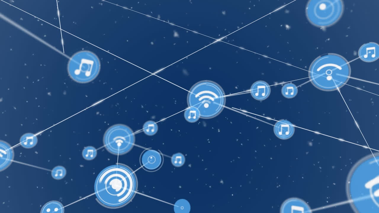 animación de iconos conectados con líneas sobre nevadas contra un fondo azul