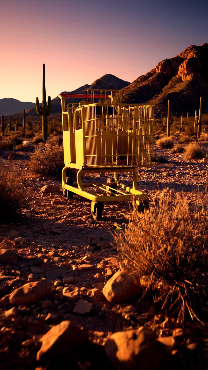 Carrello della spesa giallo abbandonato in un paesaggio desertico