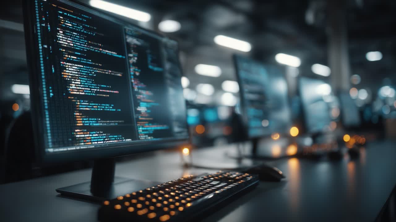 A Quiet Work Environment Featuring Multiple Monitors Displaying Complex Coding in a Modern Office Setting, Highlighting the Intricacies of Software Development and Programming Technology
