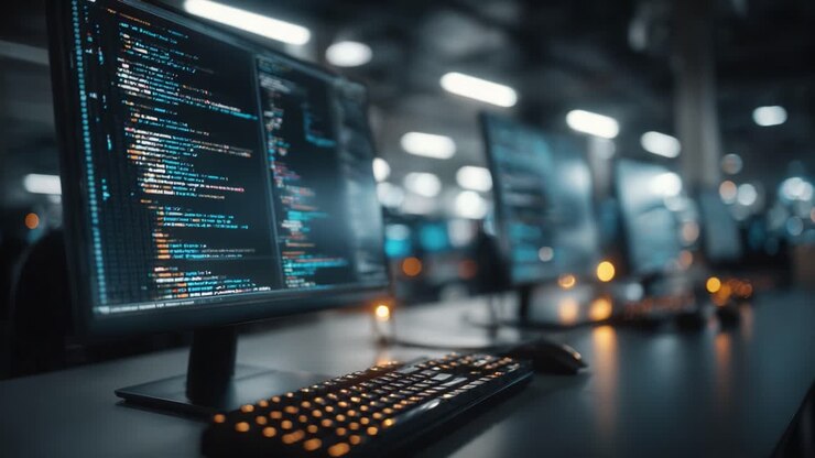 A Quiet Work Environment Featuring Multiple Monitors Displaying Complex Coding in a Modern Office Setting, Highlighting the Intricacies of Software Development and Programming Technology