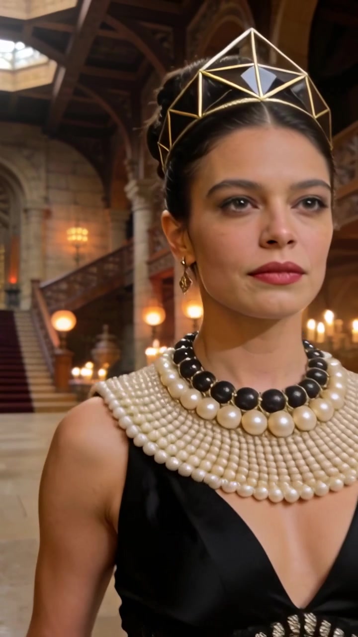 Video verticale: Panoramica che mostra una donna che si centra in una sala per inquadrare una tiara, perle e un abito nero.