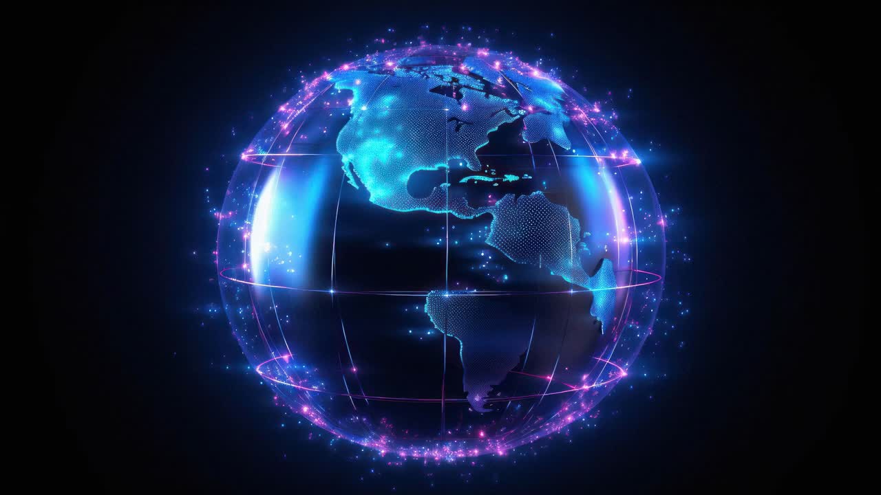 Futuristic video concept of a glowing digital Earth with neon lights