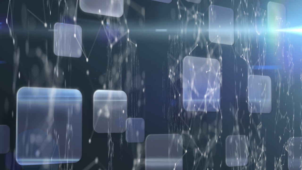 animación de iconos y procesamiento de datos sobre pantallas con fondo oscuro.