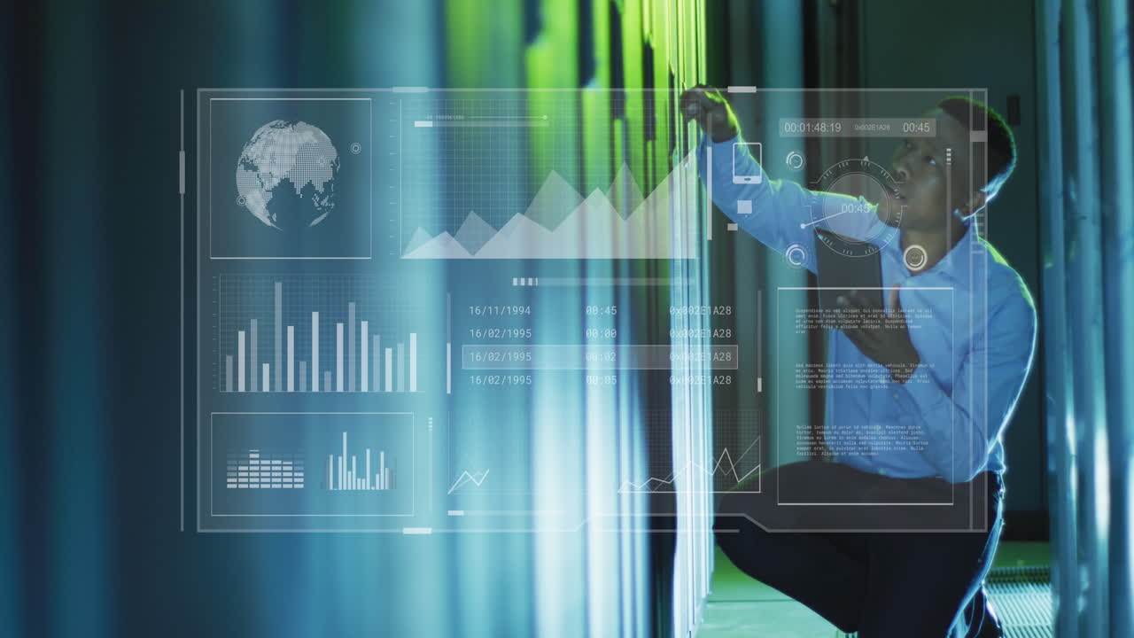 animación del procesamiento de datos sobre ingeniero informático afroamericano y servidores informáticos