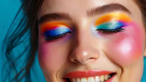 una mujer con maquillaje brillante y sombra de ojos de colores brillantes sonríe a la cámara