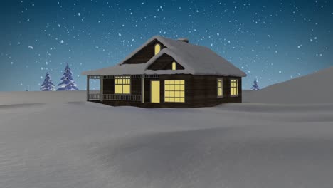 Snow-falling-over-winter-landscape-with-house-and-trees-against-night-sky