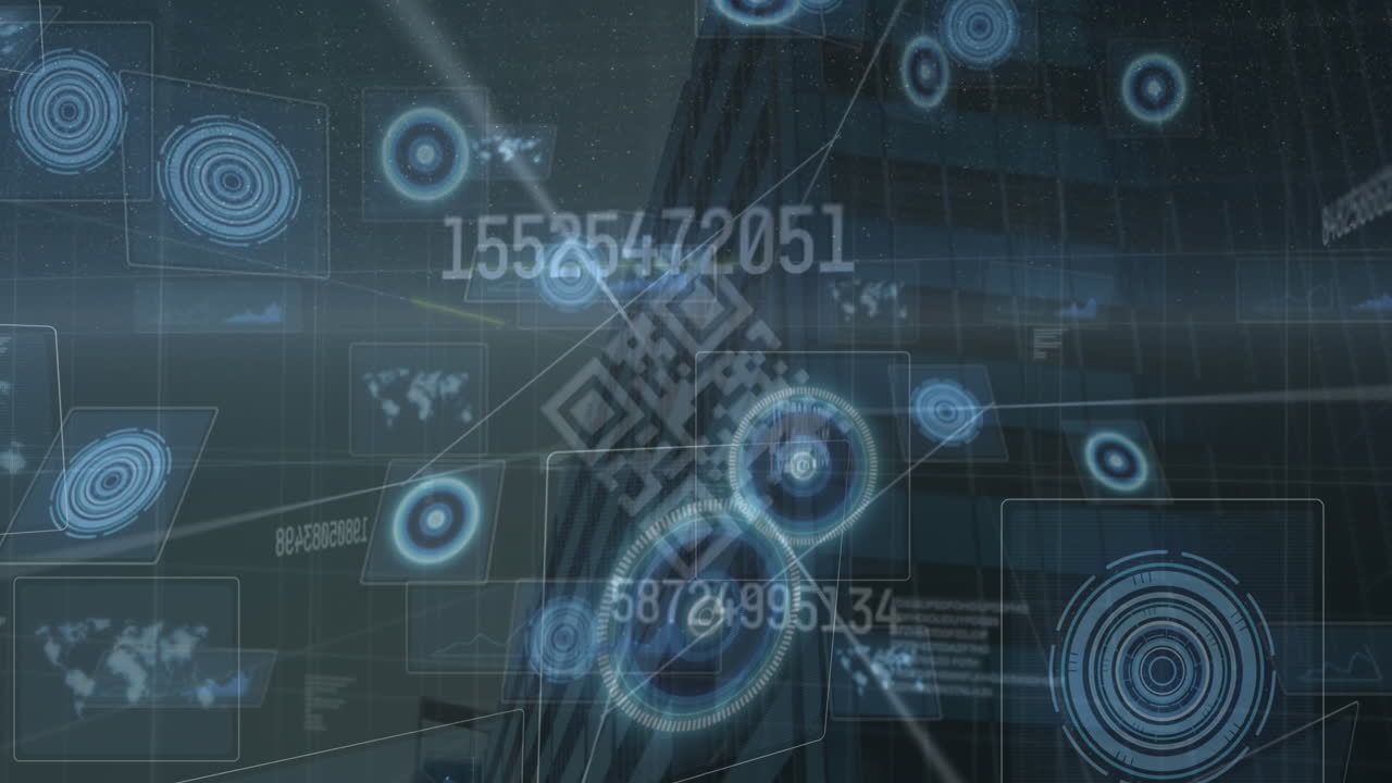 animación de escaneo de alcance con código qr y procesamiento de datos en cityscape.